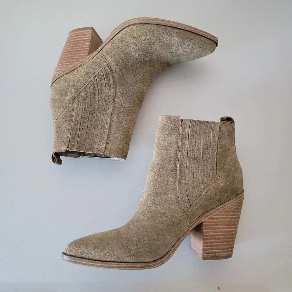 Marc Fisher Suede Marela Ankle Boots Womens 9 Tan Almond Toe Pull On - Picture 2 of 9